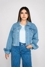 GLITTER CROPPED DENIM JACKET / DARK DENIM