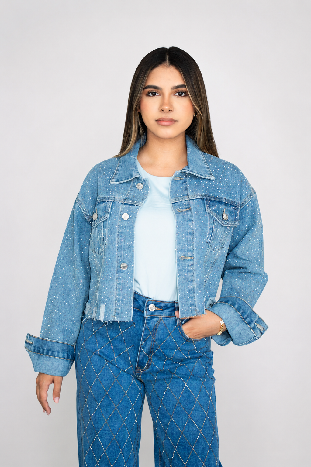 GLITTER CROPPED DENIM JACKET / DARK DENIM