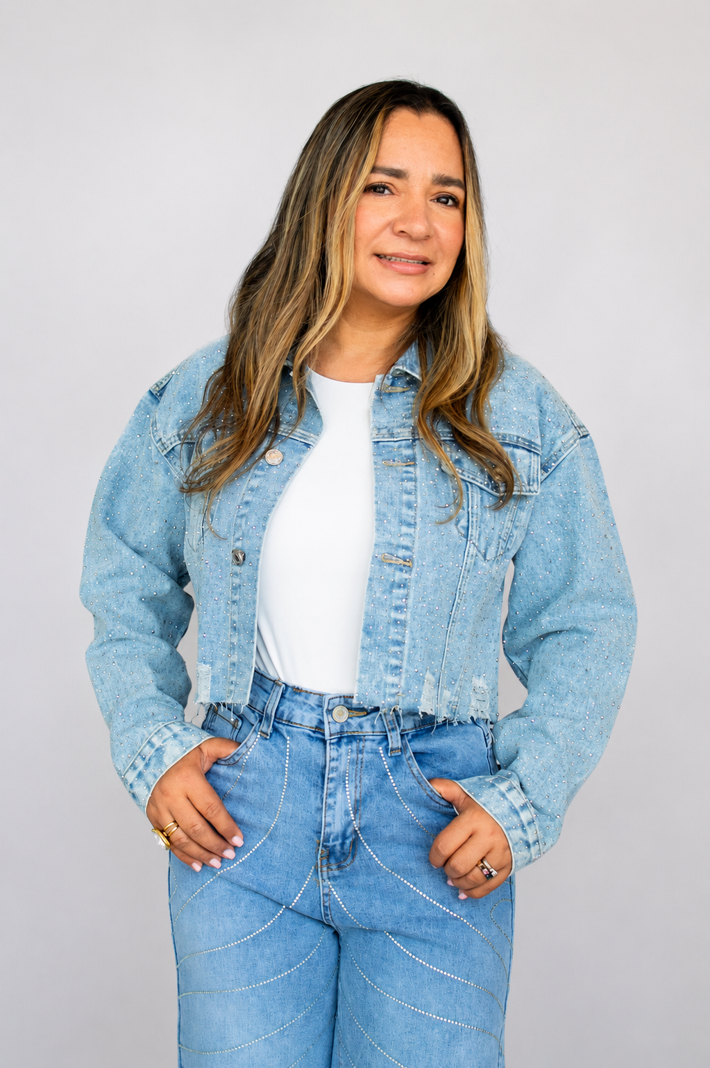 GLITTER CROPPED DENIM JACKET / LIGHT DENIM